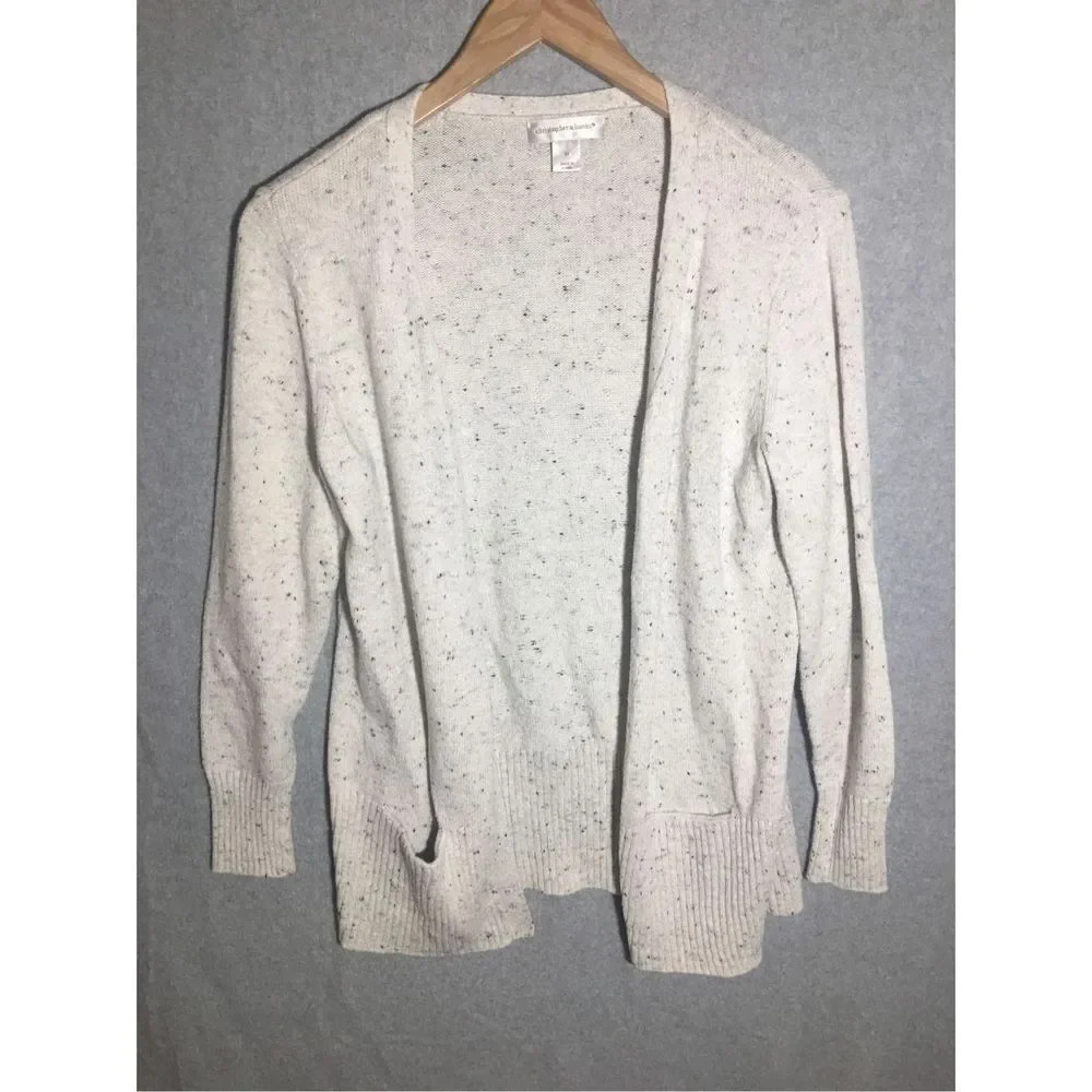Womens Christopher & Banks Cardigan Open Front Neutral White Speckled Casual